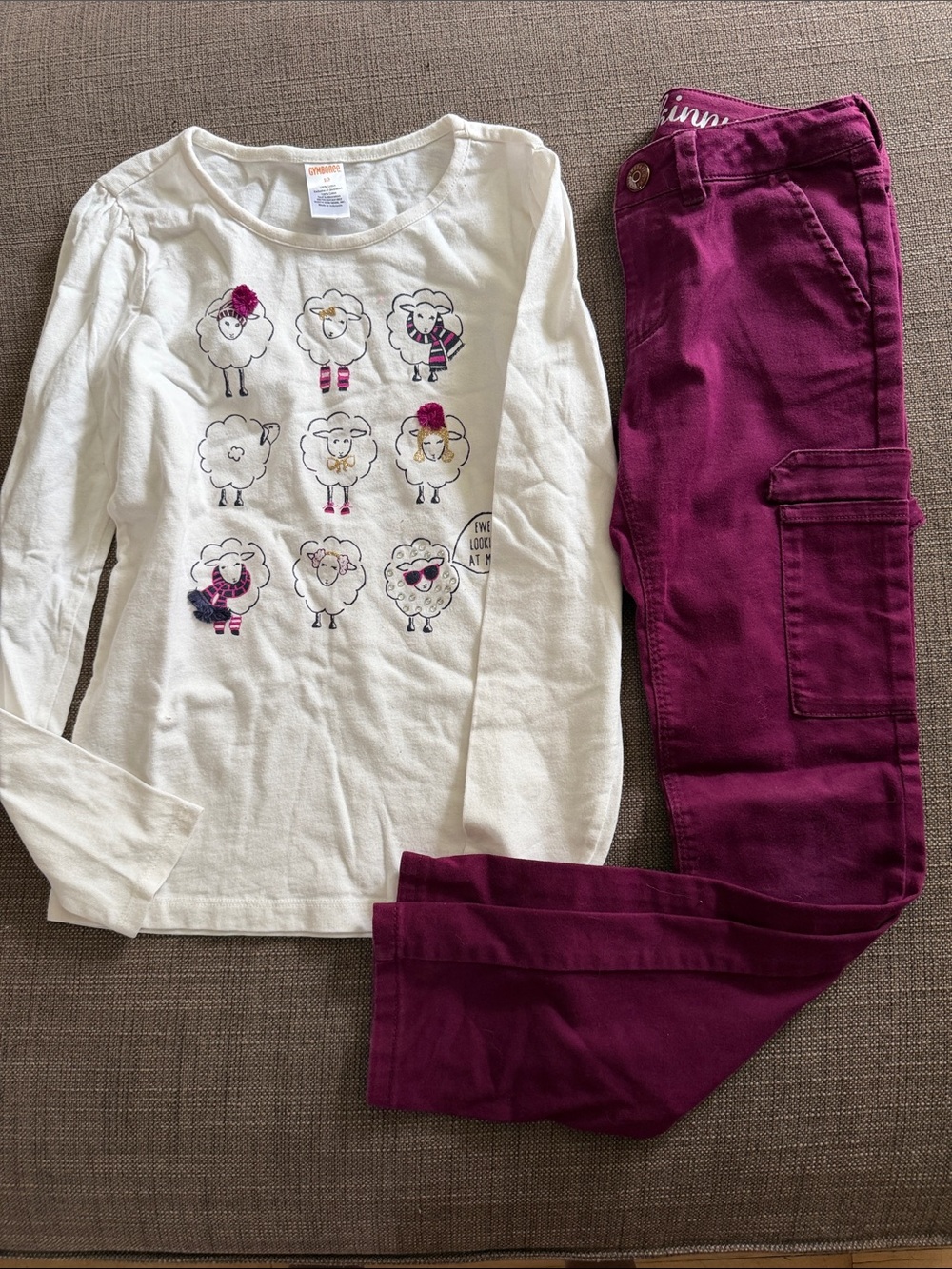 Gymboree White Long-Sleeve Sheep Graphic Top with Purple-Red Pants